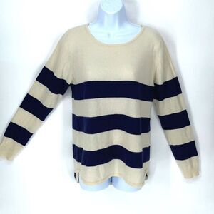 Two Bees Cashmere Womens Stripe Crew Neck Long Sleeve‎ Sweater Cream Blue Medium